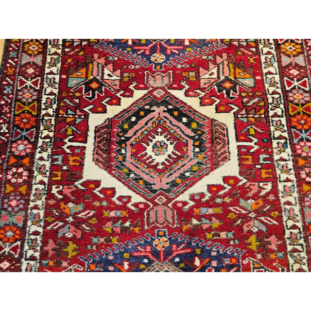 1900 - 1909 Antique Persian Heriz Karajeh Runner, Hand-Knotted Wool, Geometric Medallion Pattern, Red & Navy, 4x14 For Sale - Image 5 of 18