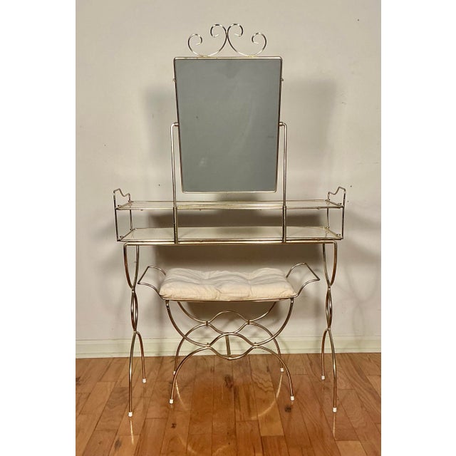 Vintage Hollywood Regency Gold-Toned Makeup Vanity Table Set, Mid-Century Modern, For Sale - Image 4 of 12