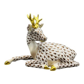 Vintage MCM Herend Roe Buck in Chocolate Fishnet Deer Figurine For Sale