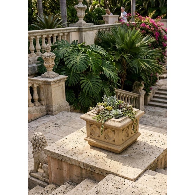 Beige English Gothic Style Cast Stone Square Planter With Rosette Panels For Sale - Image 8 of 8