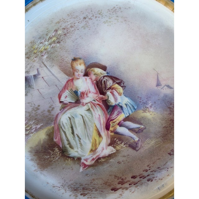 Late 19th Century Antique French Hand-Painted Porcelain Centerpiece Bowl With Bronze Ormolu Stand & Cobalt Blue Border For Sale - Image 5 of 10