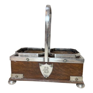 Antique English Silver Plated Brass Wood Dual Decanter Liquor Bottle Caddy Box For Sale