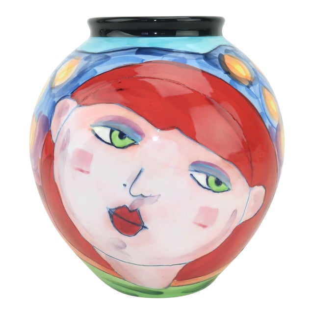 Denise Ford Portrait Decorated Ceramic Faces Vase for Ganz, c.1990 For Sale