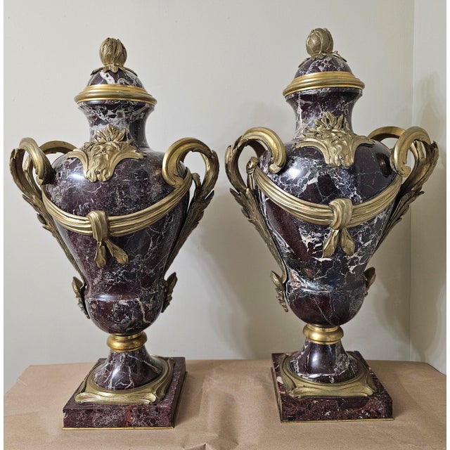 Pair Early 20th C. Louis XVI Style Mottled Lavender Marble and Gilt Bronze Ormolu Covered Urns For Sale In Washington DC - Image 6 of 13