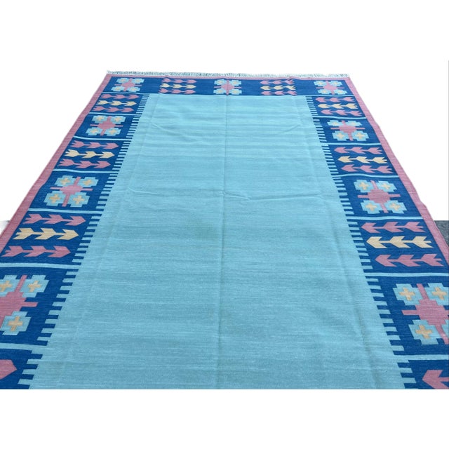 Light Green Not Yet Made - Made To Order Handmade Cotton Natural Vegetable Dyed Reversible Green Blue Pink Leaf Pattern Rug Dhurrie - 9'x12' For Sale - Image 8 of 11