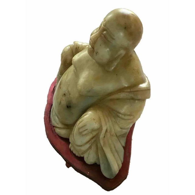 Wood Monumental Antique Chinese Jade-Like Happy Buddha Sculpture on Custom Wooden Base, One-Piece Hand-Carved Jade | Symbol of Prosperity & Joy For Sale - Image 7 of 12