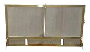 Vintage French Country Gold Metal & Brass Fireplace Screen With Metal Curtain