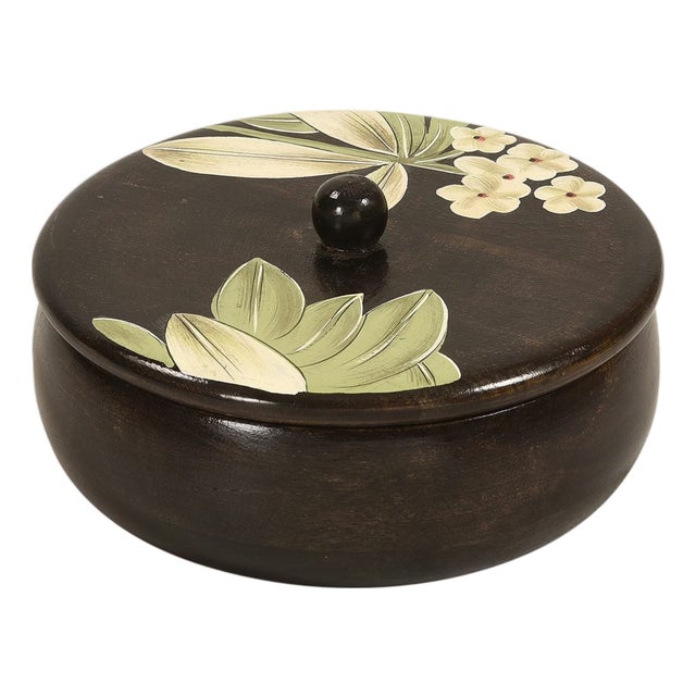 1970s Hand Painted Round Wooden Small Box With Lid | Floral Indian Artisan Jewelry Case | Decorative Tortilla Keeper | Unique Boho Gift for Women For Sale