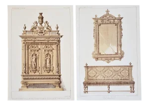 Pair-1878 French Lithographs-Renaissance Furnishings