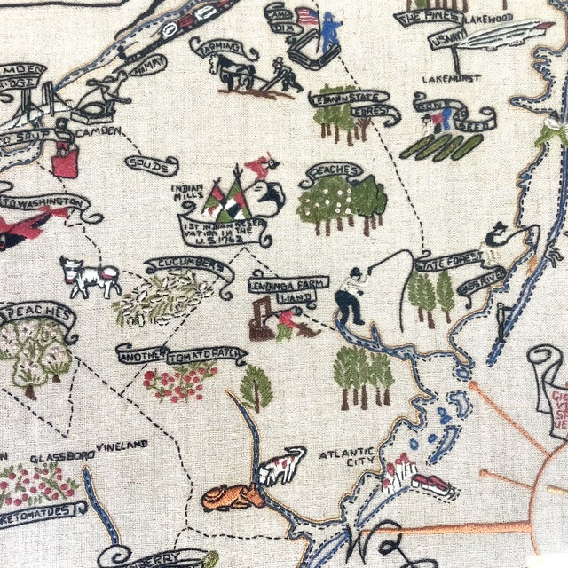 1937 Embroidered New Jersey Pictorial Map Bamberger Folk Art Textile Large 21.5x31.5” For Sale - Image 6 of 12