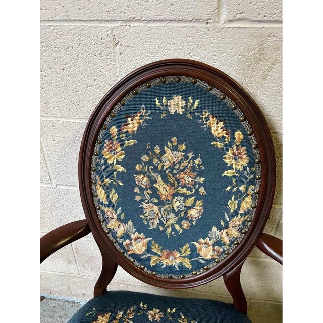 Victorian Early 20th Century Antique Victorian Style Balloon Back Carved Mahogany Needlepoint Open Armchair For Sale - Image 3 of 10