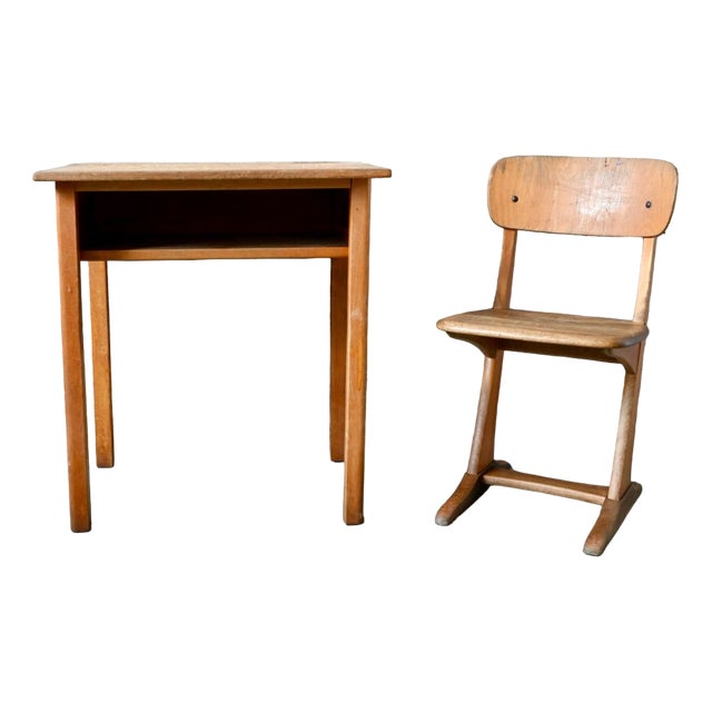 Childrens Desk & School Chair, 1950s, Set of 2 For Sale