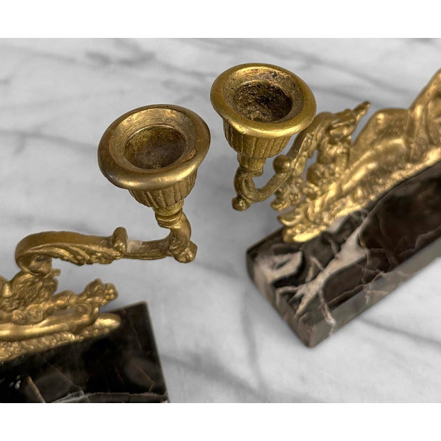 Vintage French Neoclassical Brass & Marble Figural Candlestick Holder - A Pair For Sale - Image 10 of 11