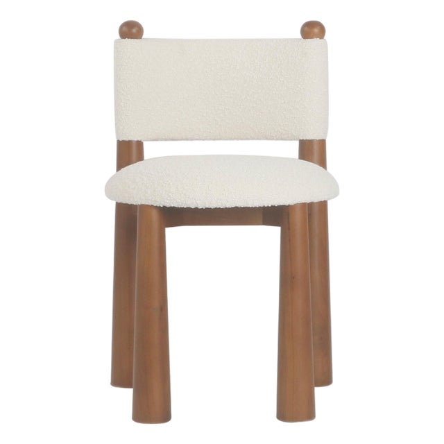 Talia White Boucle Dining Chair with Wood Cone Legs For Sale