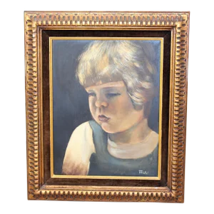 Mid-20th Century Framed Antique Oil on Canvas Portrait of a Young Girl