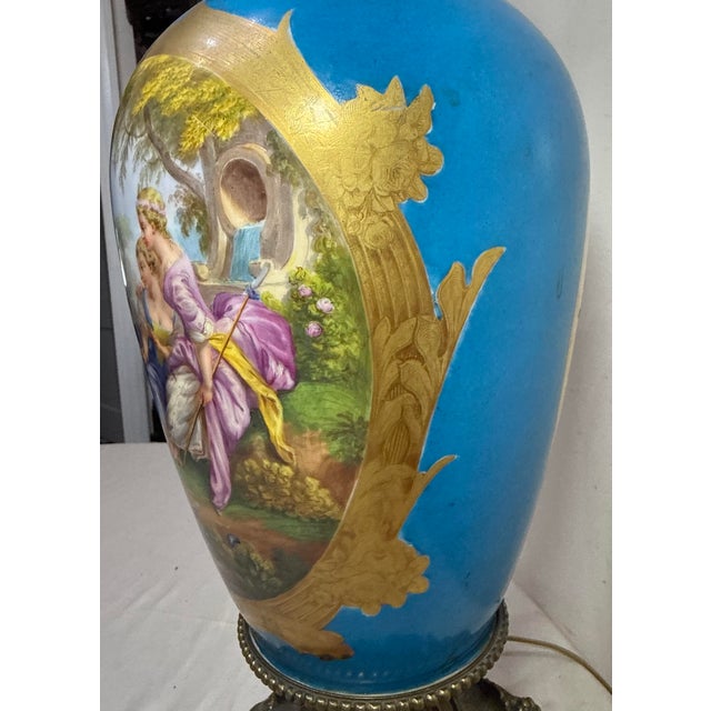 Bronze Large Antique Ornate Sevres Painted Porcelain Bronze Electric Table Lamp Vase For Sale - Image 8 of 16