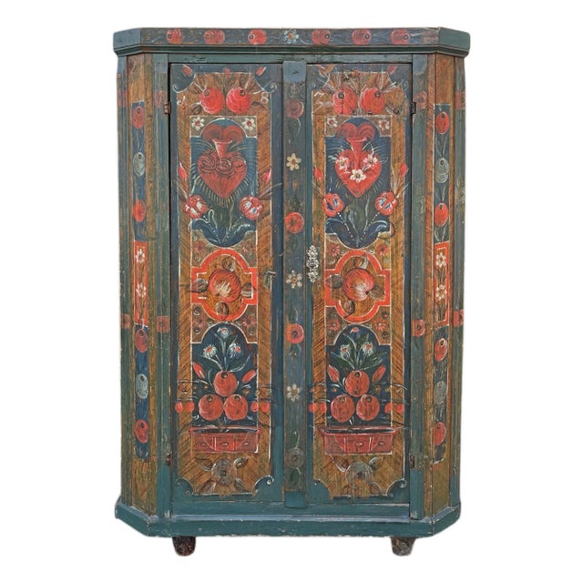 Antique Blue Floral Painted Cabinet in Fir, 1800s For Sale