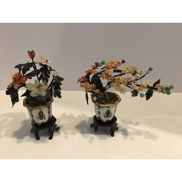 Jade Vintage Chinese Miniature Jade Trees in Cloisonné Pots - a Pair For Sale - Image 8 of 13