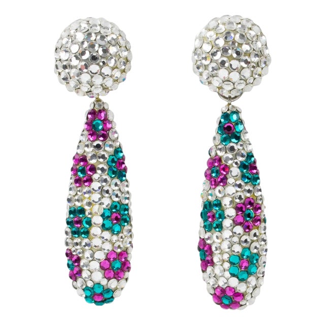 Richard Kerr Floral Jeweled Clip Earrings in Turquoise and Fuchsia Crystal For Sale