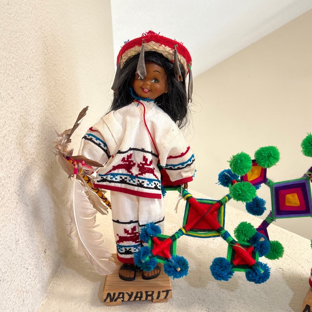 Vintage Native 2 Set Traditional Mexican Huichol Hand-Decorated Dolls -14 Inches For Sale - Image 10 of 11