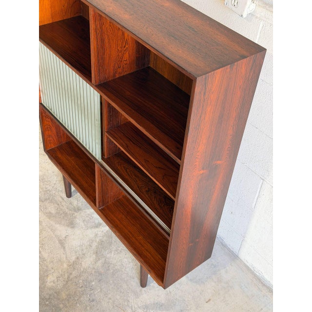 Rosewood Bookcase Ith Ribbed Sliding Glass Doors Mid-Century Modern Denmark 1960s For Sale - Image 4 of 10