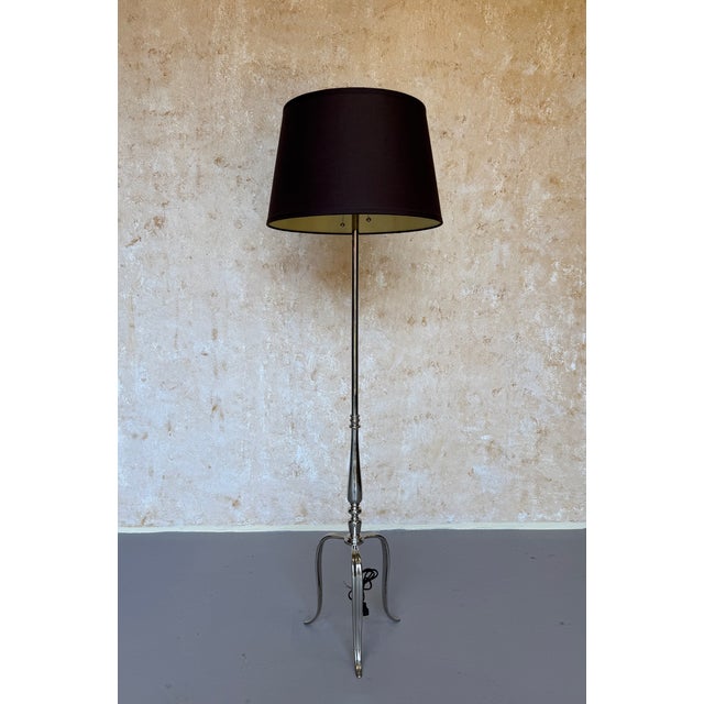 1950s Pair of French Mid-Century Polished Nickel Tripod Floor Lamps For Sale - Image 5 of 14