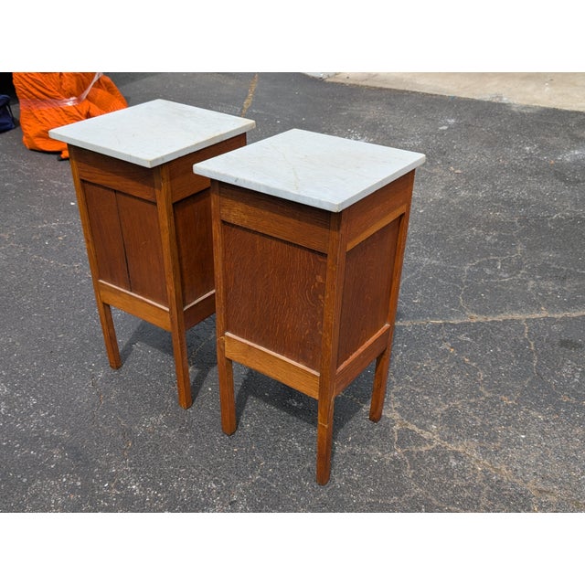Brown Antique French Oak White Marble Top Bedside Cabinets - A Pair For Sale - Image 8 of 12