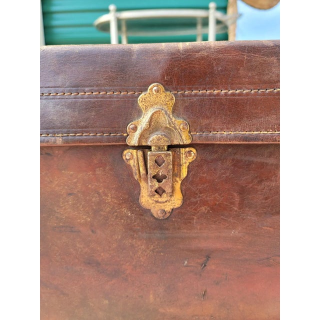 Large Vintage Art Deco Era Distressed Leather Travel Trunk For Sale - Image 4 of 10