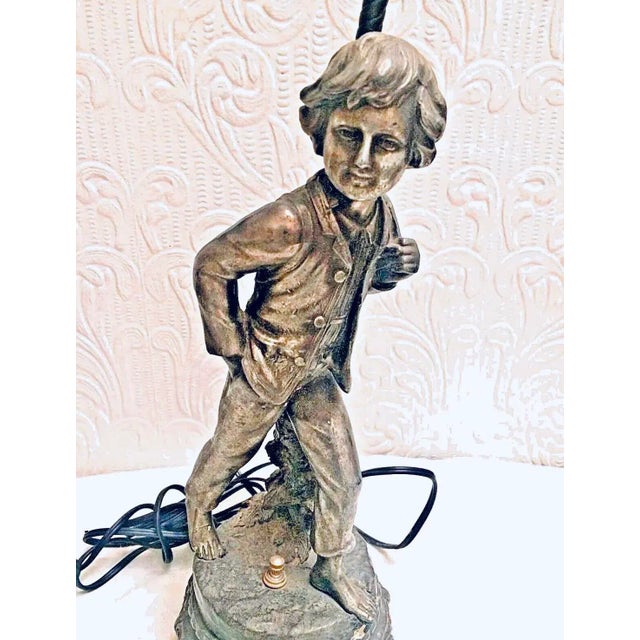 French 1910s Antique French Artist a De Ranieri Silver Plated Figural Boy Lamp For Sale - Image 3 of 10
