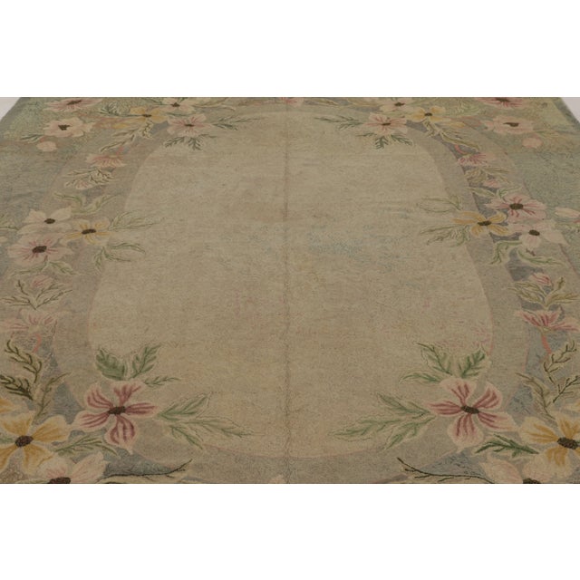 Antique Hooked Rug With Oval Medallion & Pastel Florals in Green - Rug & Kilim For Sale - Image 10 of 11