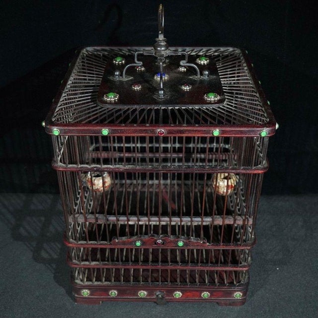 Asian Rosewood Birdcage With Gemstone Inlay and Ceramic Feeders For Sale - Image 3 of 9