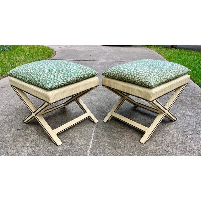 Mid-Century Modern 1960s Pair of Mid-Century X Form Benches With Antique Brass Nailheads For Sale - Image 3 of 11