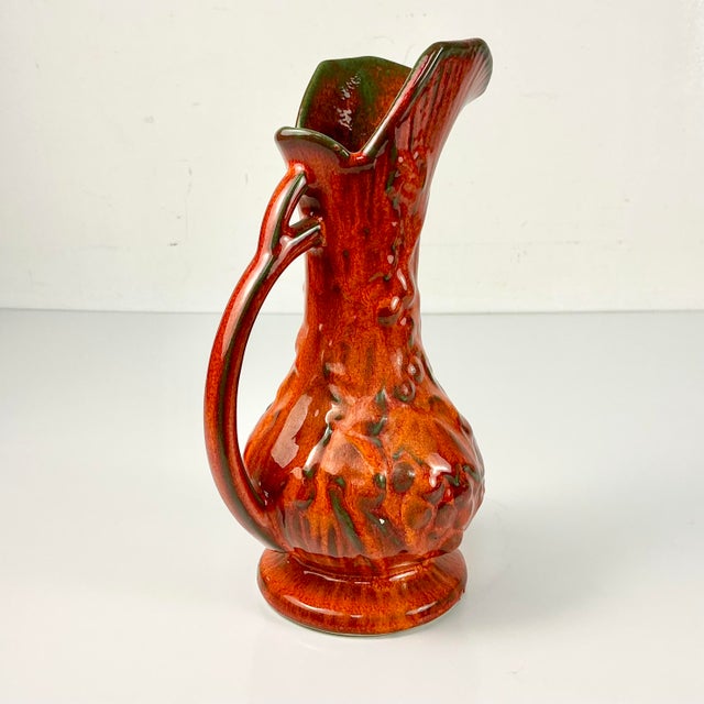 Persimmon Mid-Century Boho Chic Mediterranean U-S-a Pottery Ewer Shaped Ceramic Vase Pitcher. For Sale - Image 8 of 15