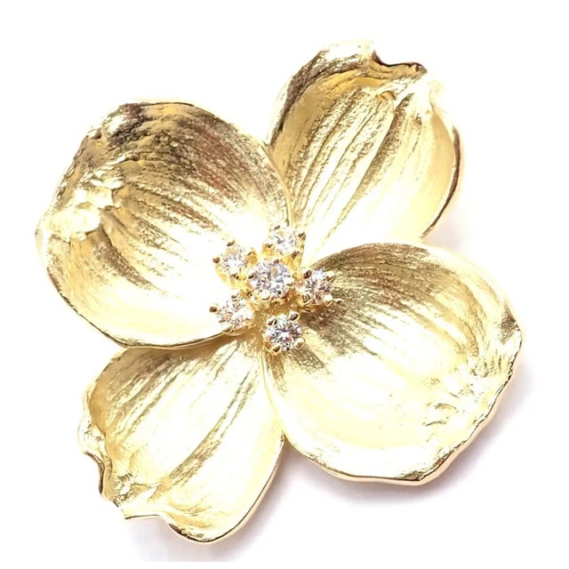 Tiffany & Co. Dogwood 18k Yellow Gold & Diamond Pin/Brooch/Pendant Details: Metal: 18k Yellow Gold Measurements: 35mm x...