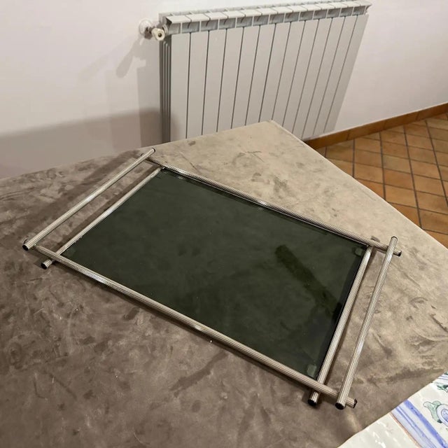 Silver 1970s Modern Silver Plated and Grey Glass Italian Serving Tray For Sale - Image 8 of 9