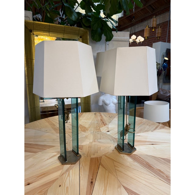 Metal 1970s Fontana Arte Style Brass and Blue Glass Table Lamps - a Pair For Sale - Image 7 of 10