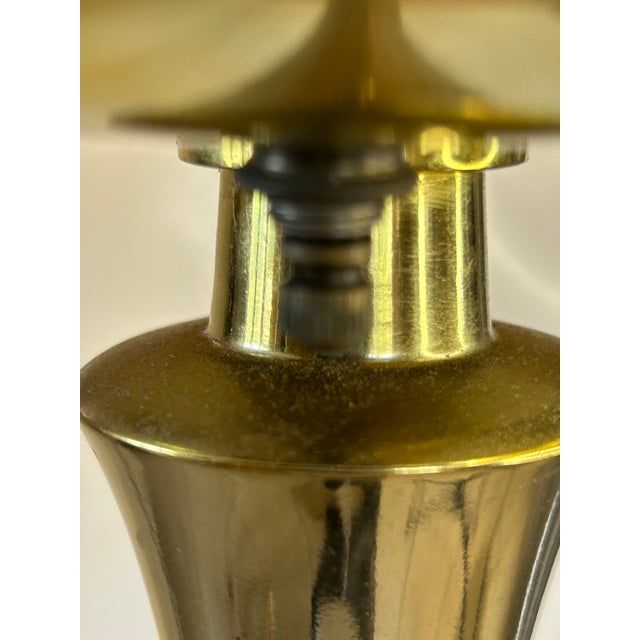 Vintage 1950s Brass Torchiere Floor Lamp With Wood Stem and Tulip Shade For Sale - Image 4 of 10