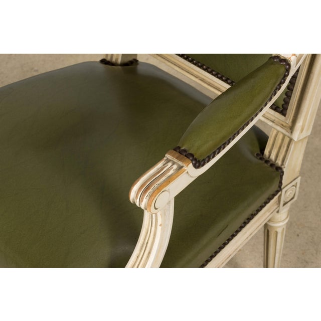 Wood Early 20th Century French Louis XVI Style Painted Armchair in Olive Green For Sale - Image 7 of 18