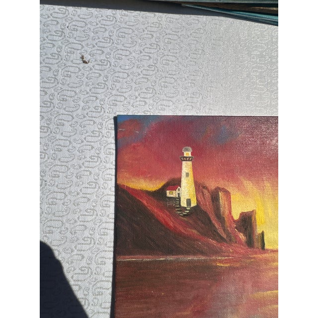 Nautical 1990s Lighthouse and Sunset Seascape Painting on Canvas For Sale - Image 3 of 8