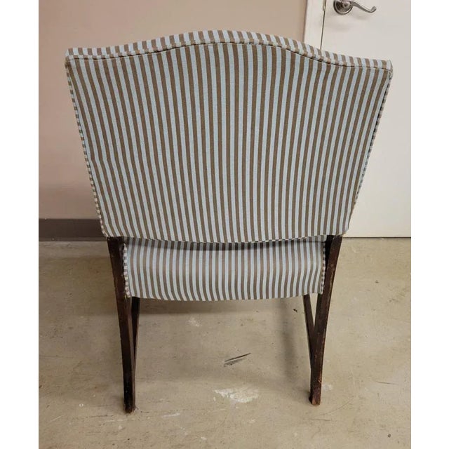 Vintage English Open Wooden Arm Chair in Stripped Tan and Light Blue Upholstery For Sale - Image 4 of 8