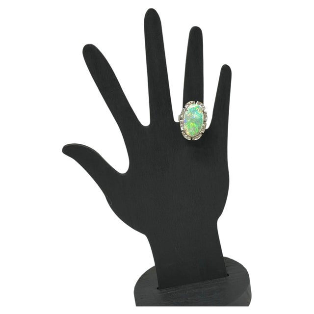Metal 18k White Gold Australian Opal & Diamond Statement Cocktail Ring Vintage For Sale - Image 7 of 9