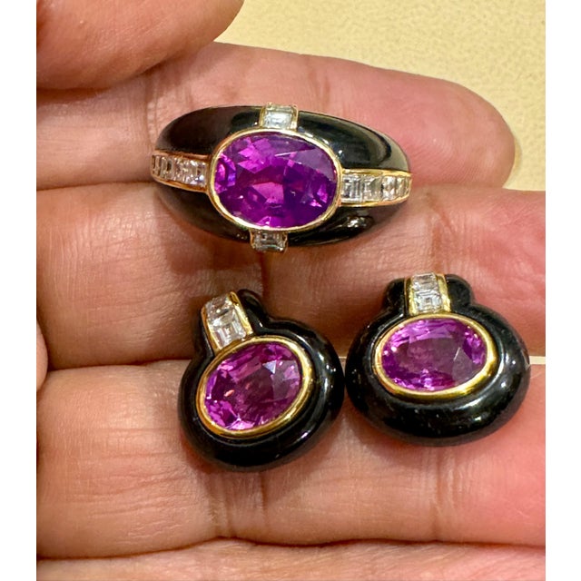 Gemstone 6Ct Natural PURPLE Sapphire , Black Onyx & Pave Diamond Ring & Earring Set 18KG For Sale - Image 7 of 18