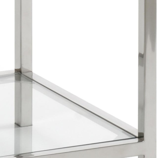 Polished nickel finish on square shelving unit with five clear standard glass shelves 88h x 16w x 16d