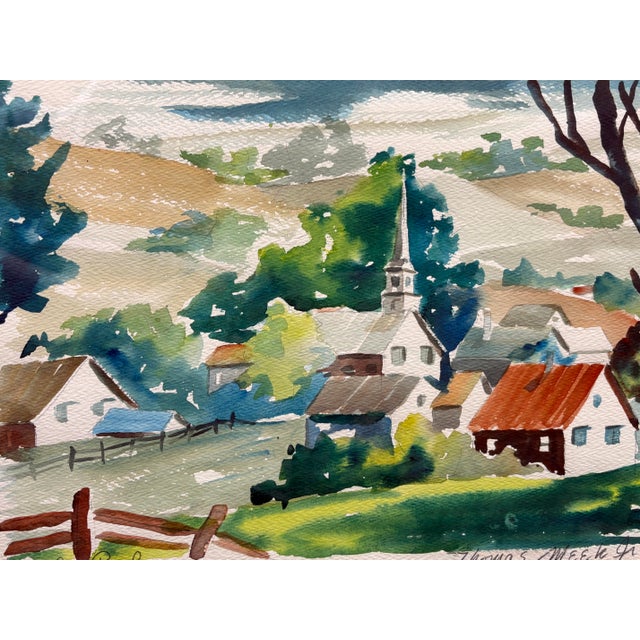 Vintage Signed Impressionist Thomas Meek Watercolor Landscape, Framed Pastoral Village Scene, 1981 For Sale - Image 4 of 8