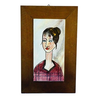 Vintage Ceramic Tile with Wooden Support, 1960s For Sale
