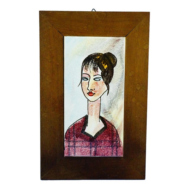 Vintage Ceramic Tile with Wooden Support, 1960s For Sale