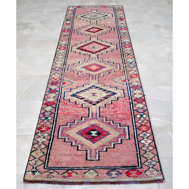 1960s Runner Rug Turkish Hand-Knotted Rug Pink Hallway Decor Kitchen Runner 3x10 Ft Approx For Sale - Image 4 of 14