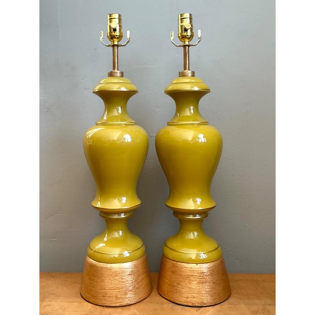 Vintage Gilt Tipped Painted Glass Lamps - A Pair For Sale - Image 4 of 16