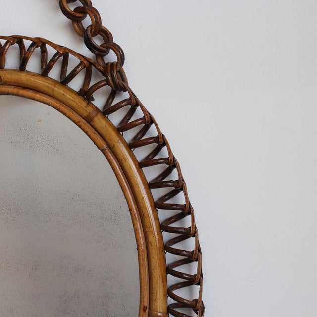 Wood Vintage Italian Rattan Wall Mirror with Hanging Chain, 1960s For Sale - Image 7 of 14