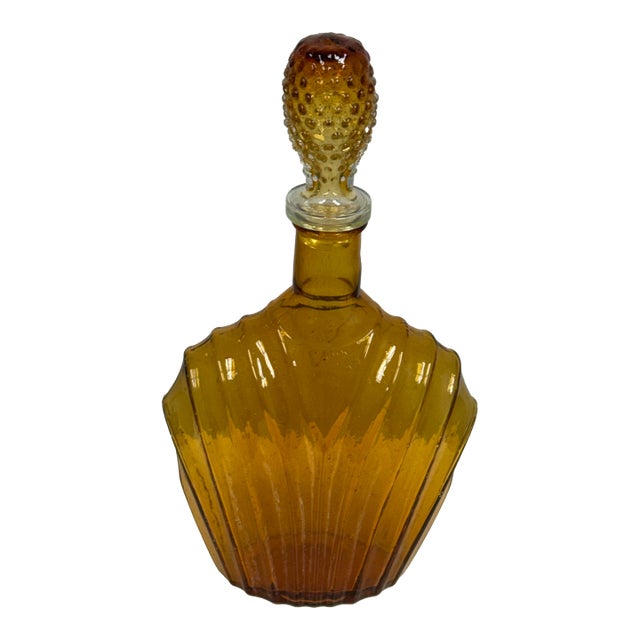 Diamond Star Amber Pressed Glass Fan Form Decanter + Hobnail Stopper, Vintage For Sale